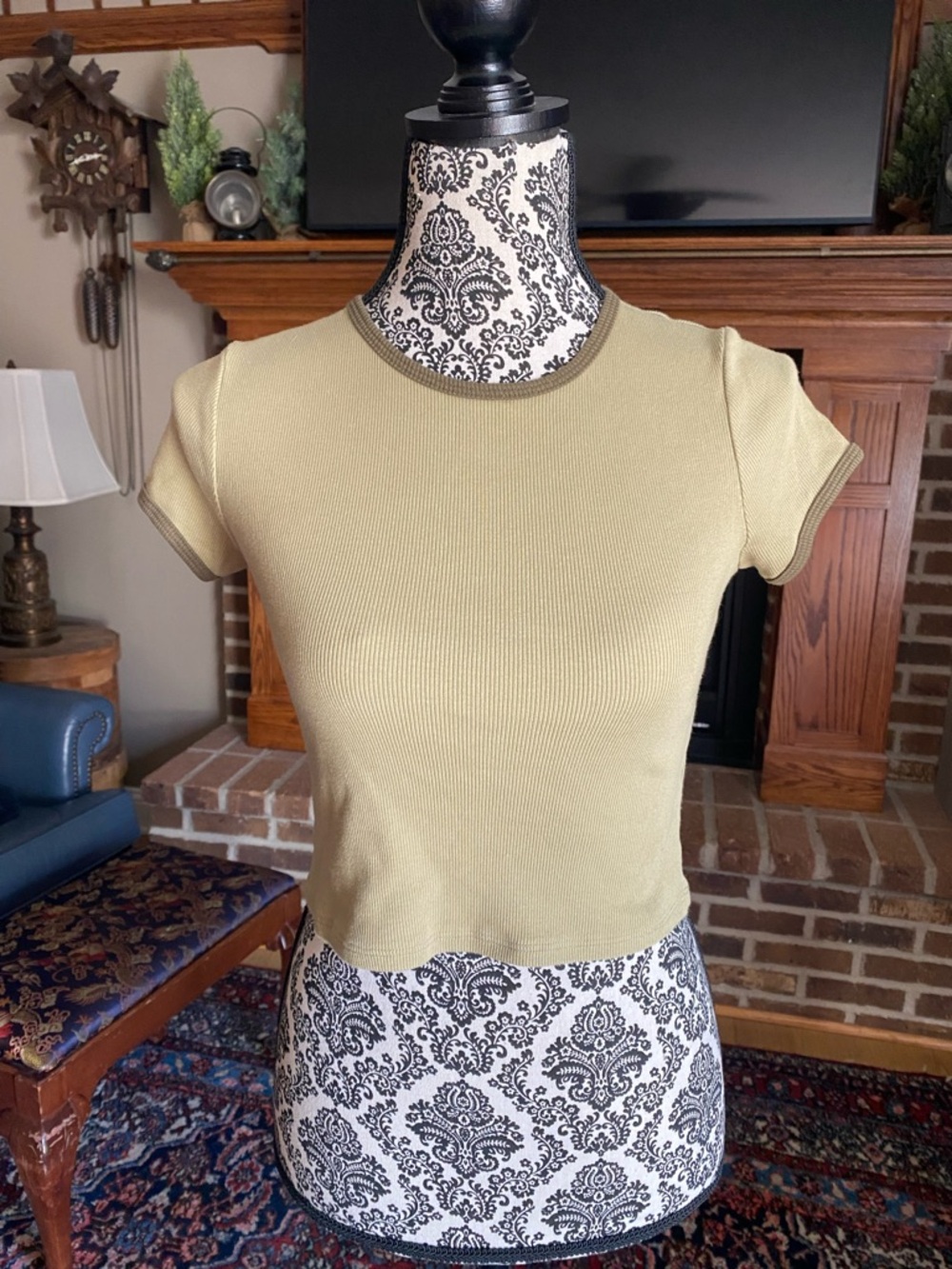 SOLD Reformation Olive Ribbed Crop Tee with Contrast Trim